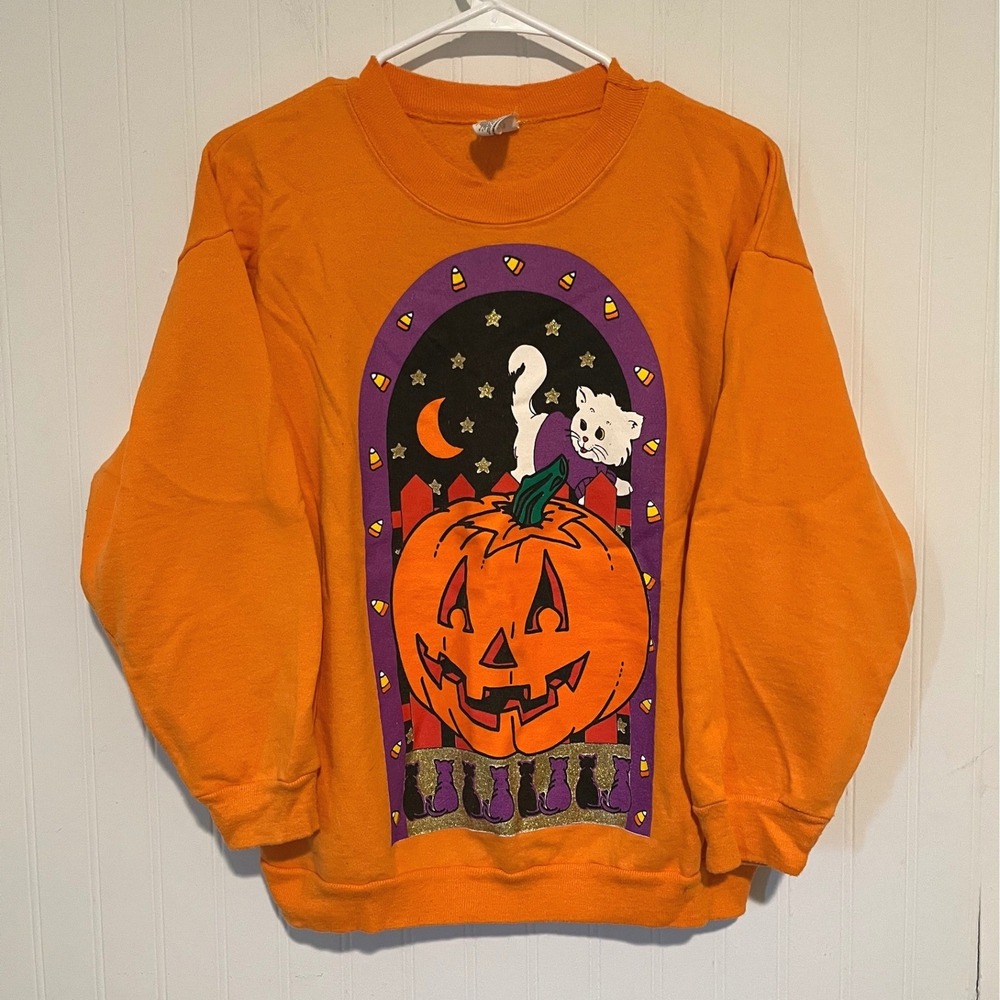 Vintage Sweatshirt Women Medium Orange Halloween Cat Pumpkin Spooky